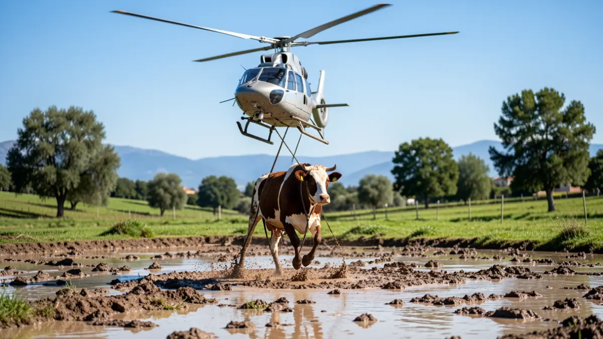 Helicopter rescuing a cow from a waterlogged area in Rascafría.