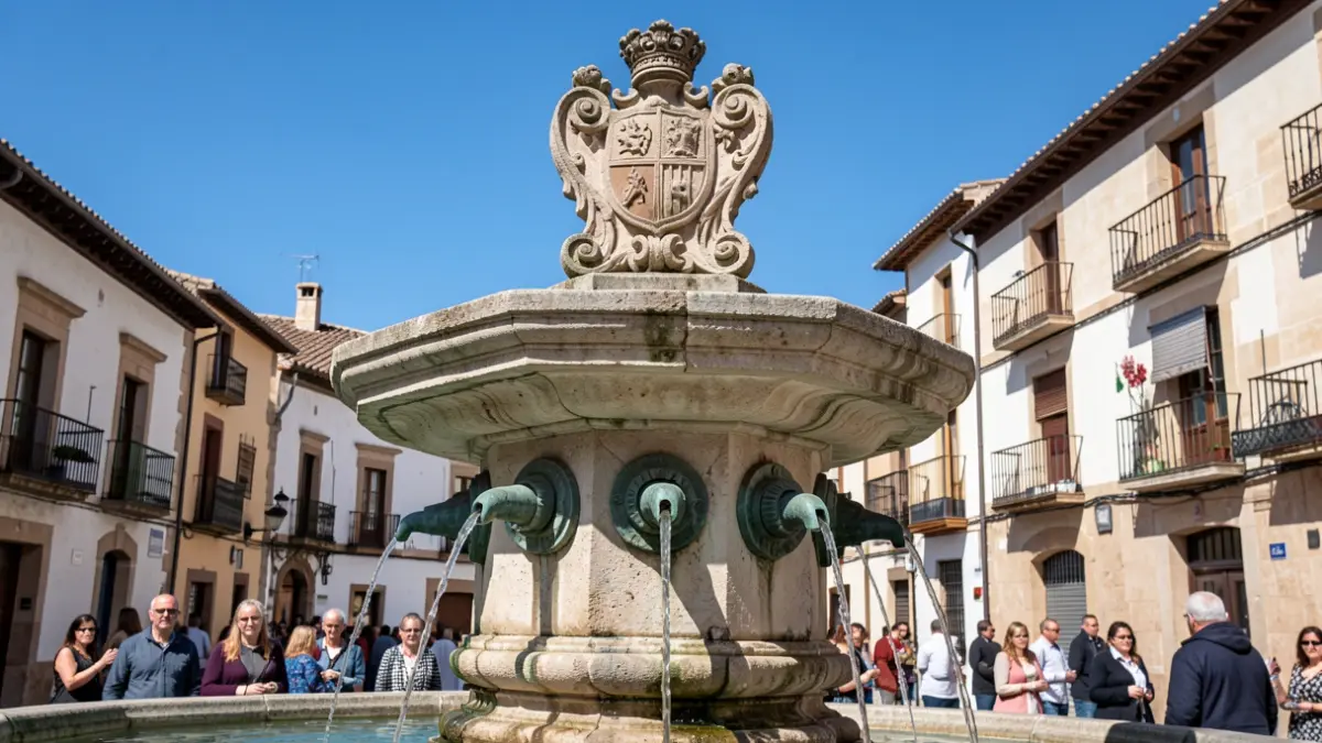 The restored Fuente del Caño in Torrelodones with flowing water and a heraldic shield.