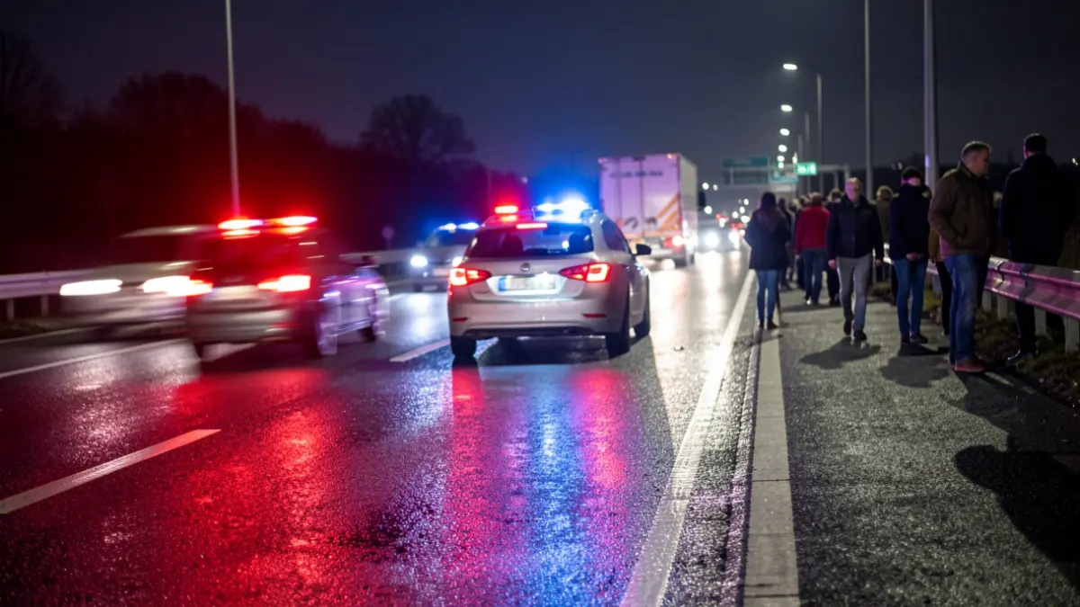 Imagen genérica de luces de emergencia en una carretera mojada por la noche.