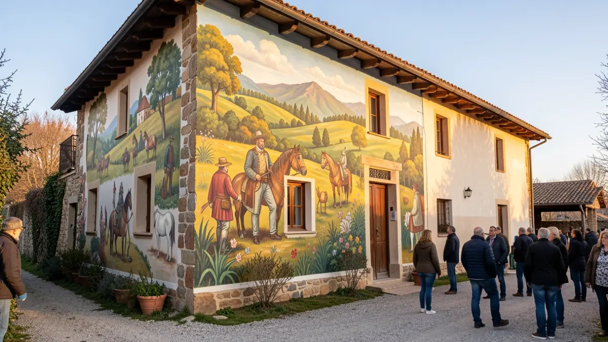 Mural artístico en la fachada de una casa rural en la Sierra Norte de Madrid, representando historia y naturaleza.