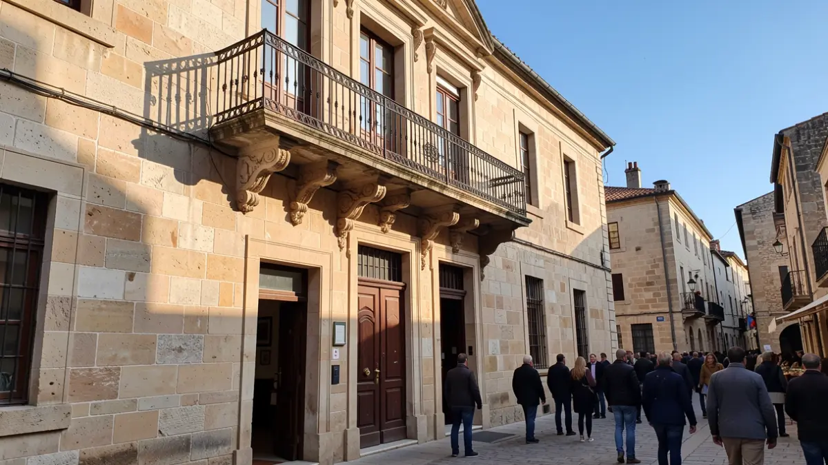 Fachada de un ayuntamiento tradicional de piedra con balcón ornamentado y barandillas de hierro, luz cálida de la tarde proyectando sombras sobre los muros de arenisca, cielo azul.