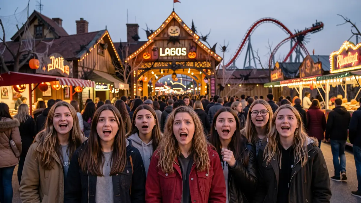 Imagen genérica de jóvenes disfrutando en un parque de atracciones con temática de Halloween.