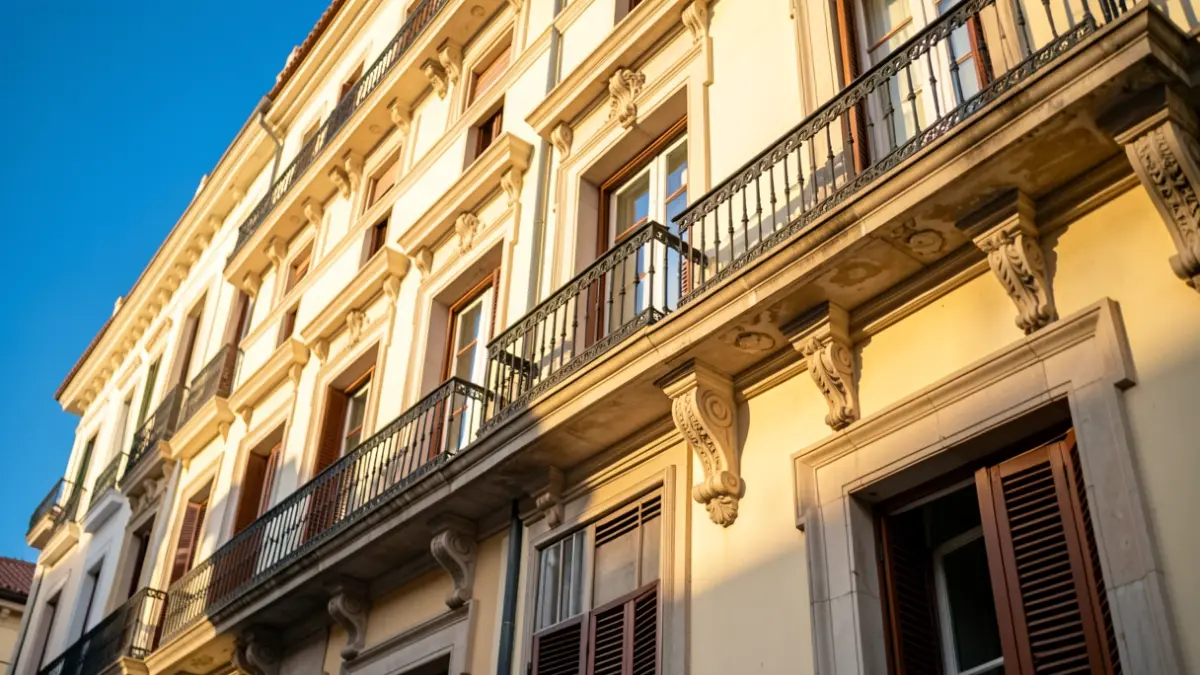 Facade of a town hall in the Community of Madrid with a balcony and afternoon light.
