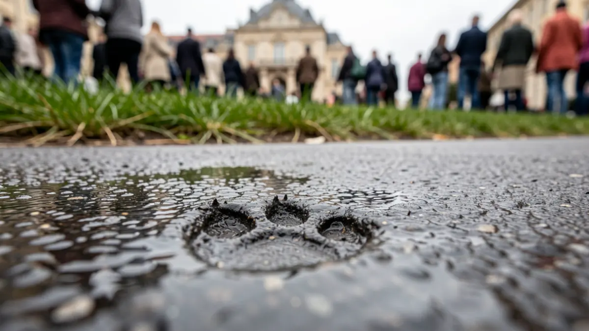 Dog paw print on wet asphalt with a municipal building facade in the background.