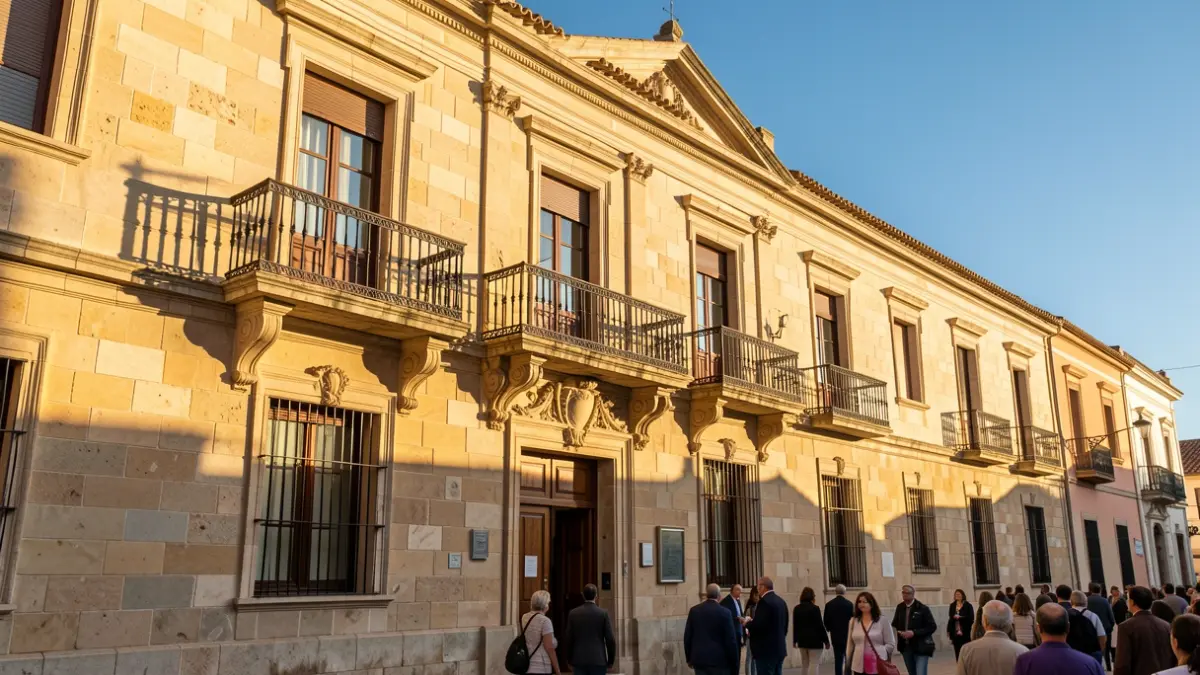 Facade of the San Fernando de Henares Town Hall with balcony and iron railings, under the afternoon sunlight.