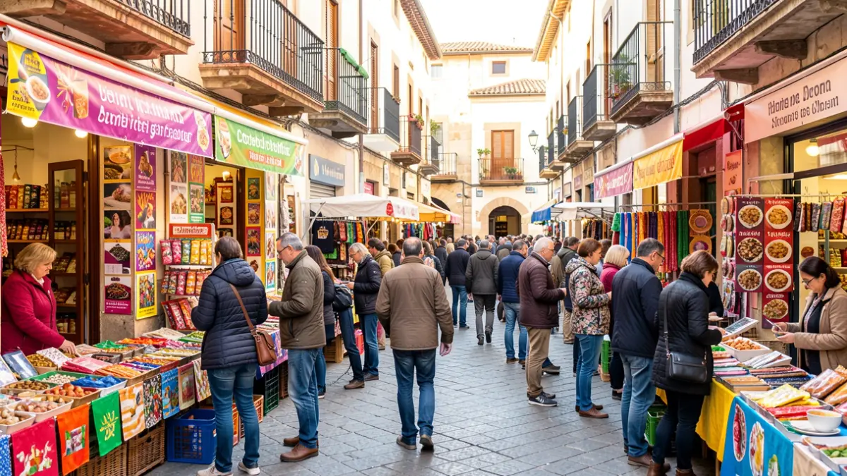 Imagen genérica de una plaza de pueblo español durante un evento de promoción comercial con escaparates coloridos y ambiente festivo.