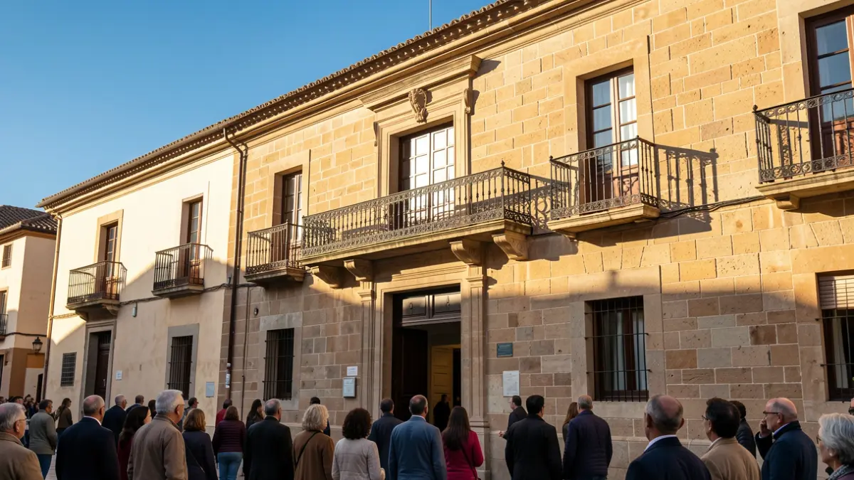Fachada de un ayuntamiento tradicional con balcón y barandillas de hierro, bajo la luz del sol de la tarde.