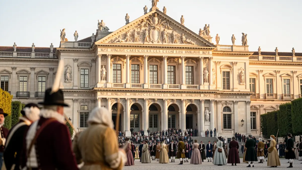 Facade of the Real Teatro Coliseo Carlos III in San Lorenzo de El Escorial during the Black Legend Conference.