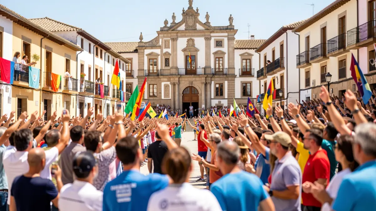 Imagen genérica de un evento deportivo en una plaza de pueblo español con público animando.