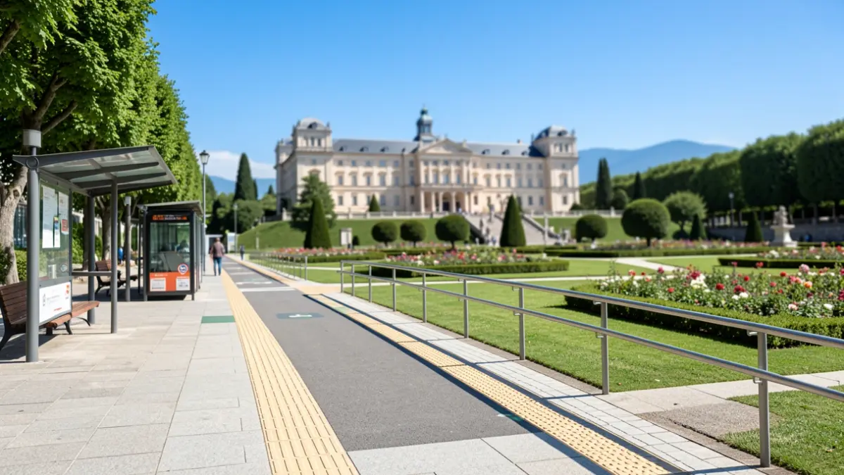 Ruta turística accesible en San Lorenzo de El Escorial con señalización podotáctil y pasamanos.