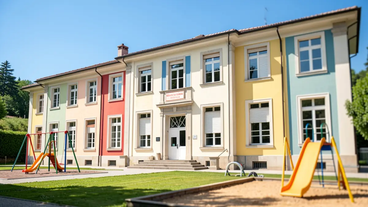 Fachada de un colegio público en San Lorenzo de El Escorial con mejoras realizadas.