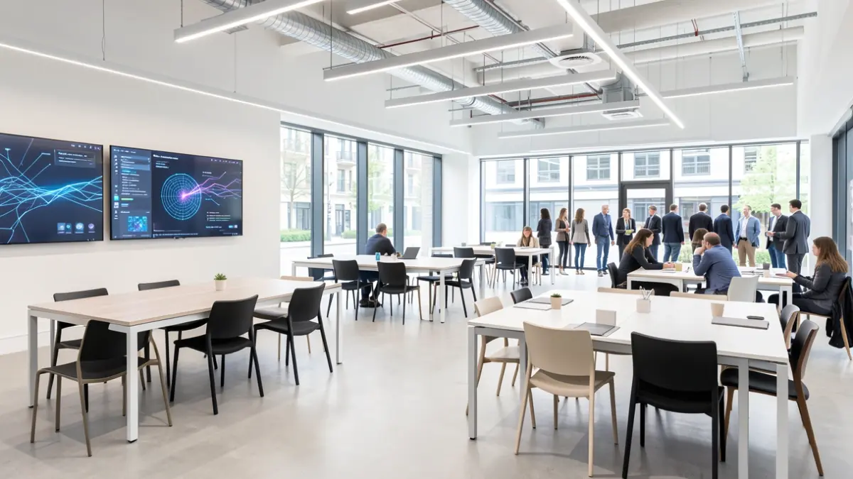 Generic image of an innovation center with screens and furniture.