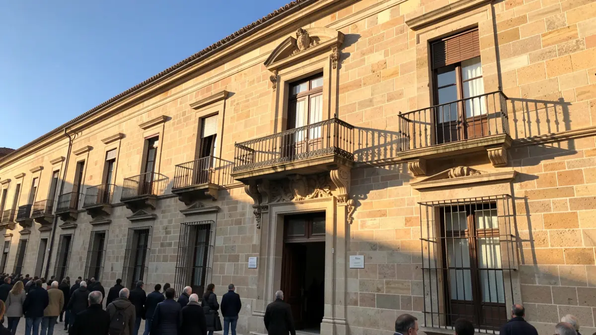 Facade of the San Lorenzo de El Escorial town hall with balcony and iron railings, under the afternoon sunlight.