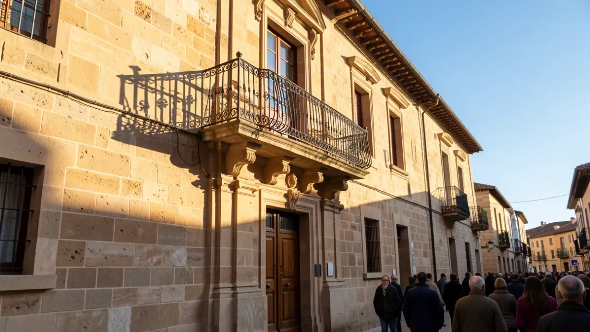 Fachada del Ayuntamiento de San Martín de la Vega con balcón y barandillas de hierro, bajo la luz del sol de la tarde.