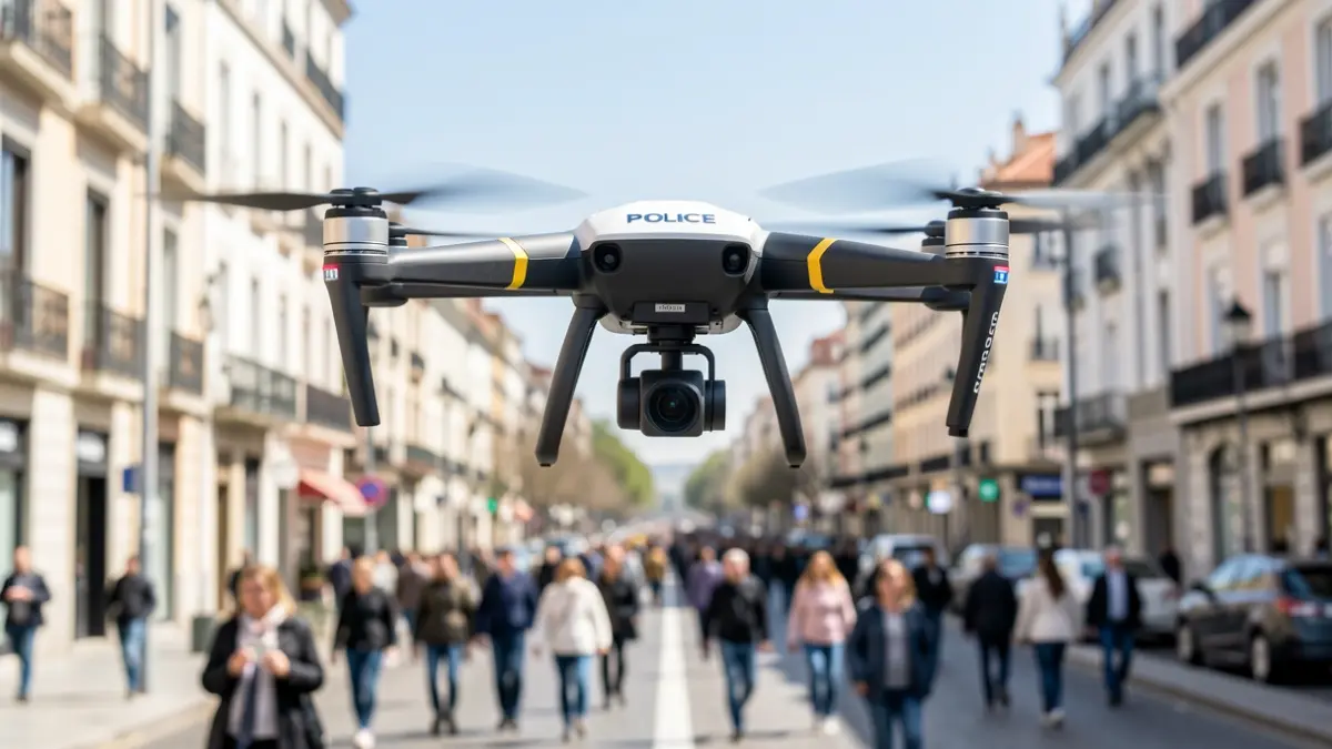 Dron de la Policía Local de San Martín de la Vega en vuelo sobre un paisaje urbano genérico.