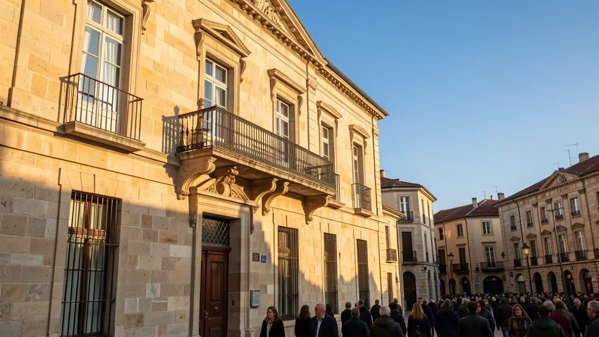 Fachada de un ayuntamiento con balcón y barandillas de hierro, bajo la luz del sol de la tarde.