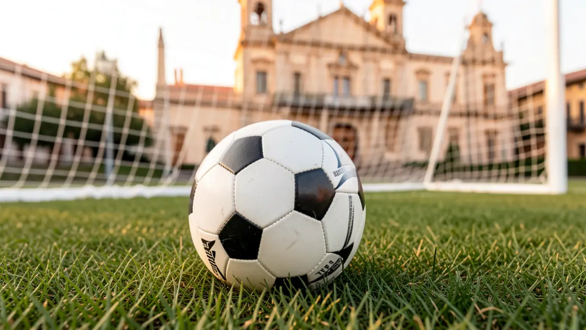 Generic image of a soccer ball on grass with a blurred goal net and a town hall facade in the background.