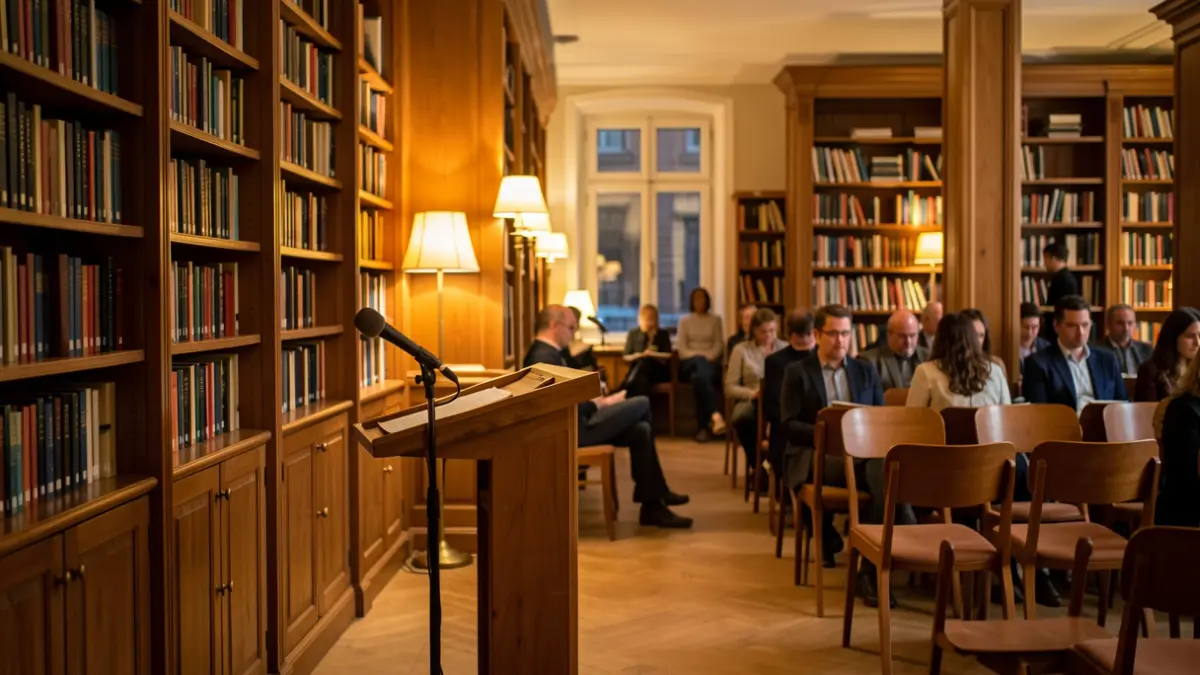 Library interior with wooden bookshelves and a cozy atmosphere for cultural events.