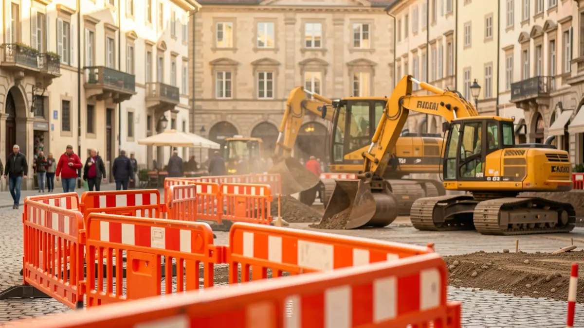 Imagen genérica de obras en una plaza histórica con maquinaria y peatones.