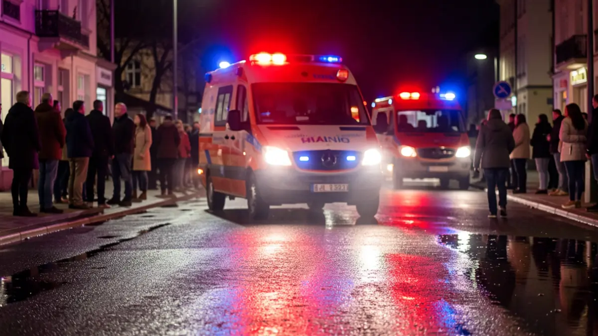 Generic image of ambulance emergency lights reflecting on wet asphalt at night.