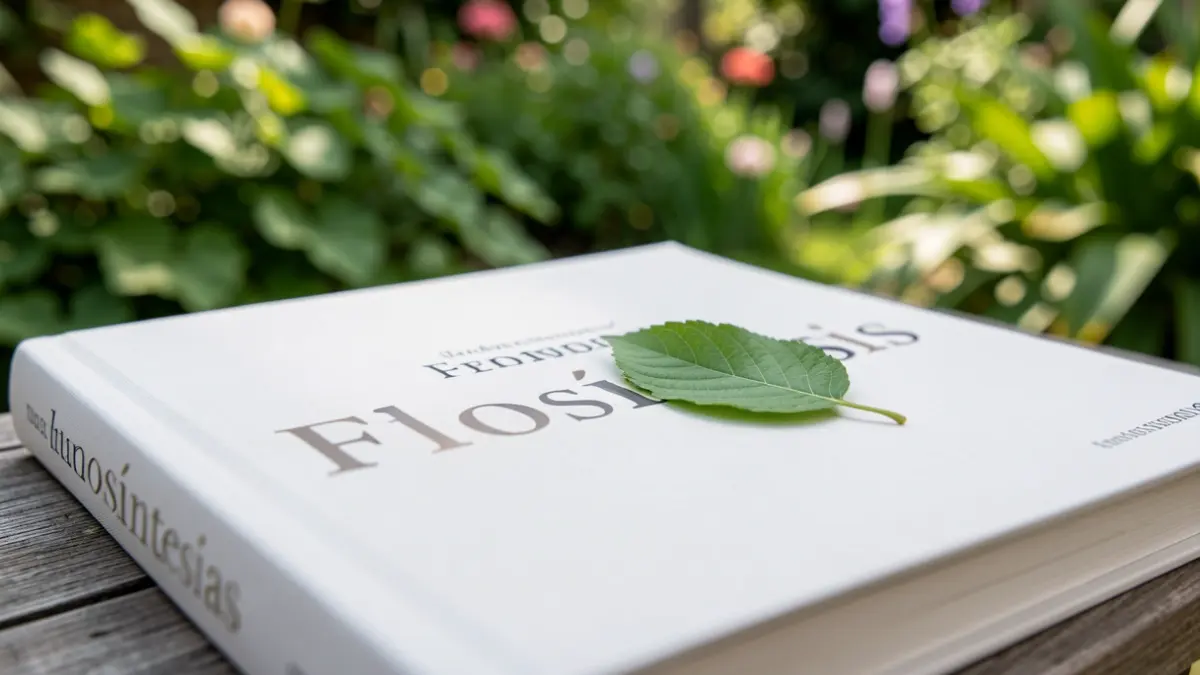 Primer plano de un libro titulado 'Filosíntesis' con una hoja verde sobre su portada, rodeado de vegetación de jardín.
