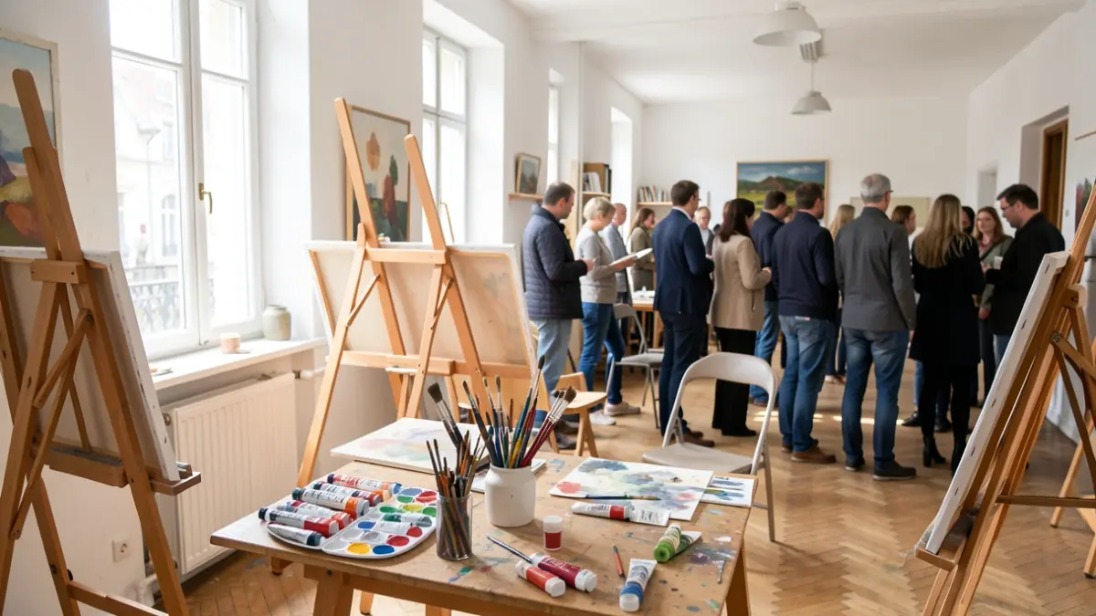 Imagen genérica de un estudio de arte luminoso con caballetes y materiales de pintura.