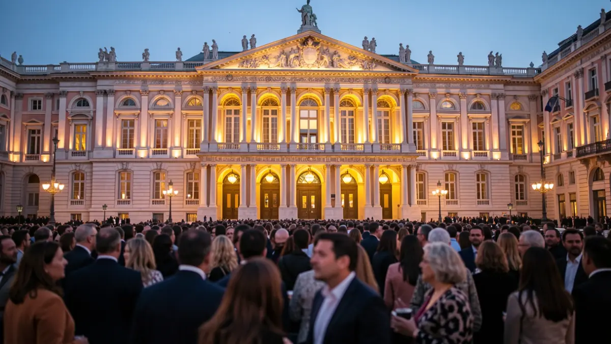 Fachada del Teatro Real en Madrid durante un evento oficial.