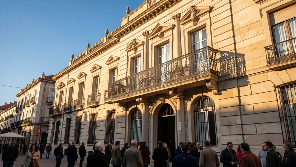 Stone facade of a la Comunidad de Madrid town hall with ornate balcony and iron railings, warm afternoon sunlight.