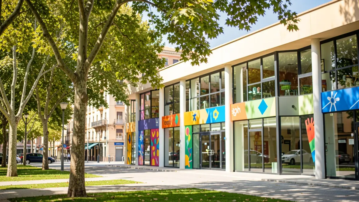 Imagen genérica de un centro juvenil moderno con parque cercano.