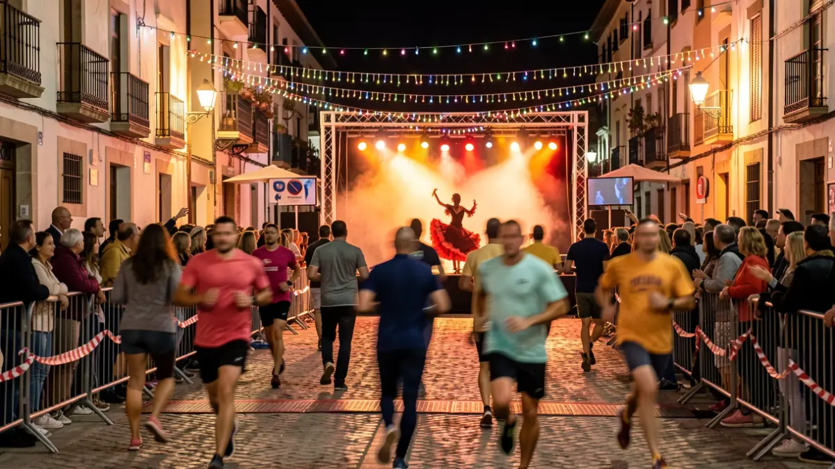 Escena nocturna de una carrera popular en Soto del Real con corredores cruzando la meta bajo luces festivas y un concierto de flamenco al fondo.