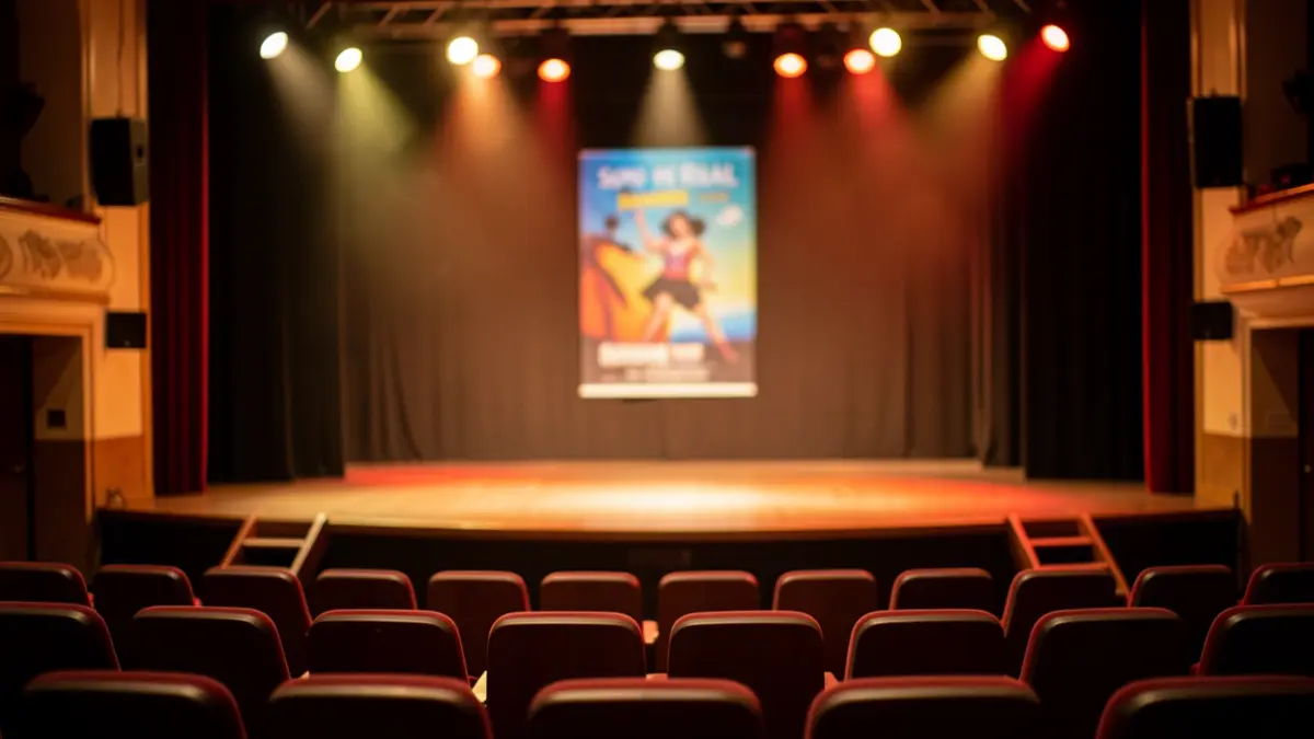 Scene of a theater in Soto del Real with the stage lit and empty seats, anticipating a cultural event.