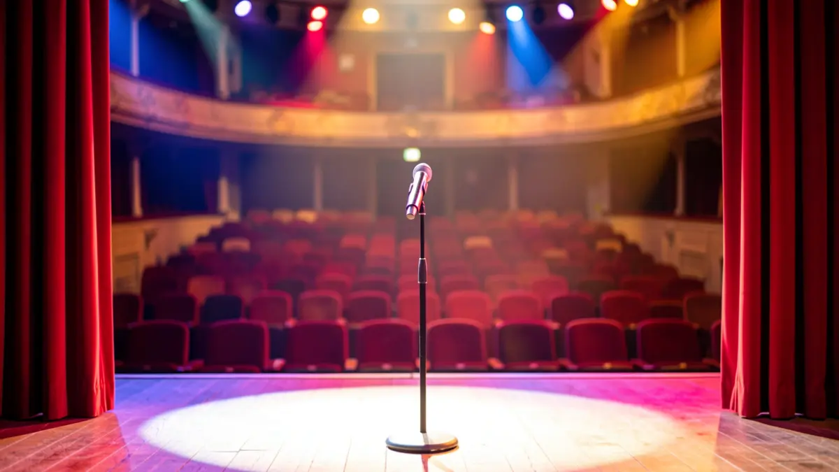 Theater stage scene with a microphone and empty seats.