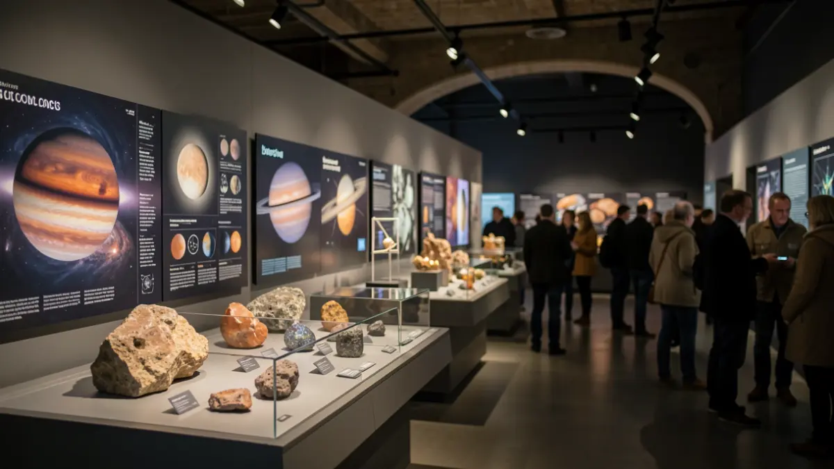 Imagen de un taller interactivo sobre astronomía y geología en un museo de ciencias.