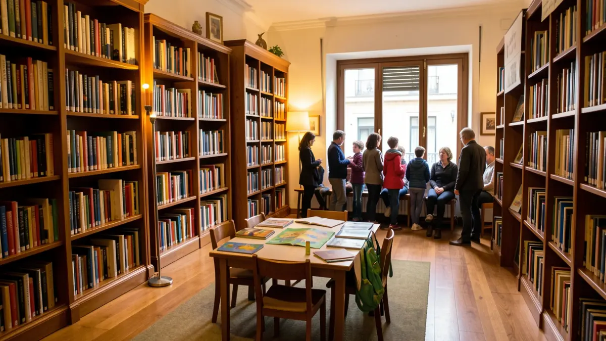 Imagen genérica de una sala de biblioteca acogedora en la Comunidad de Madrid, preparada para un taller infantil de cuentacuentos.