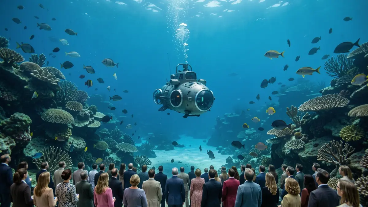 Image of a virtual reality workshop about oceanic exploration with diverse marine life.