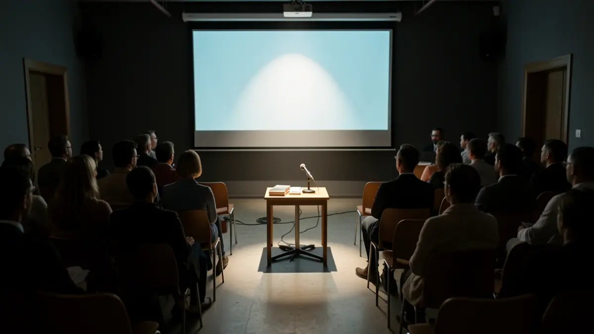 Imagen genérica de una sala de proyecciones vacía con un atril y libros.