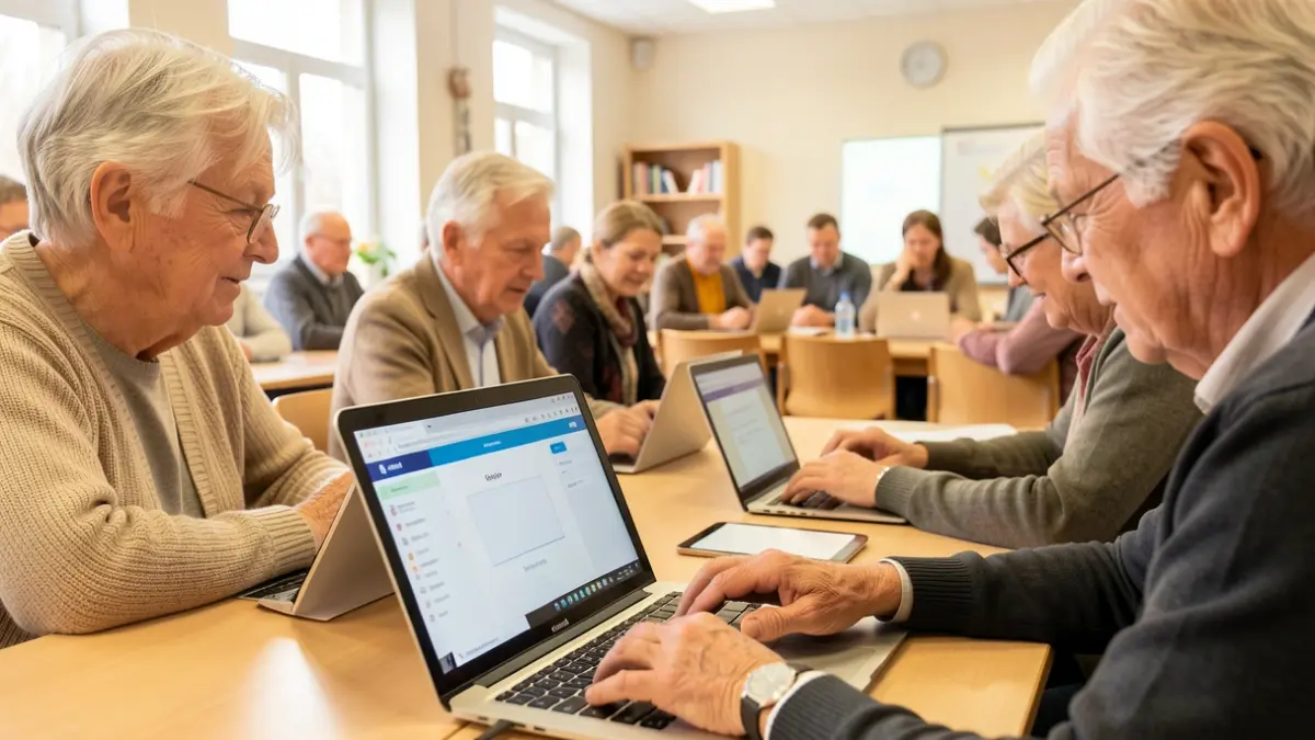 Generic image of elderly people using computers in a training workshop.