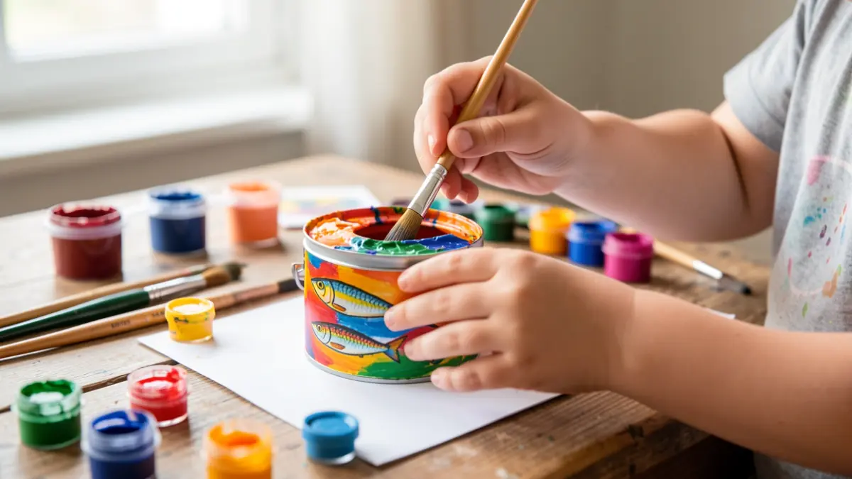 Child's hands painting a colorful sardine can.