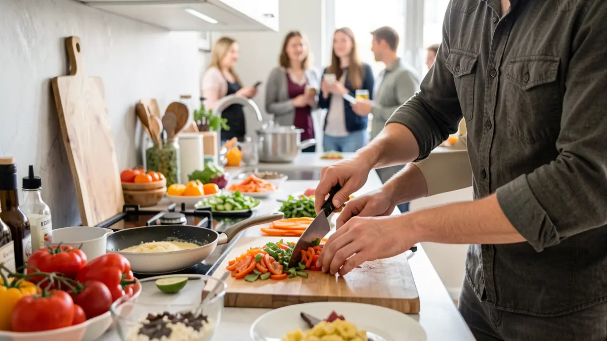 Young people cooking viral TikTok dishes in a workshop.