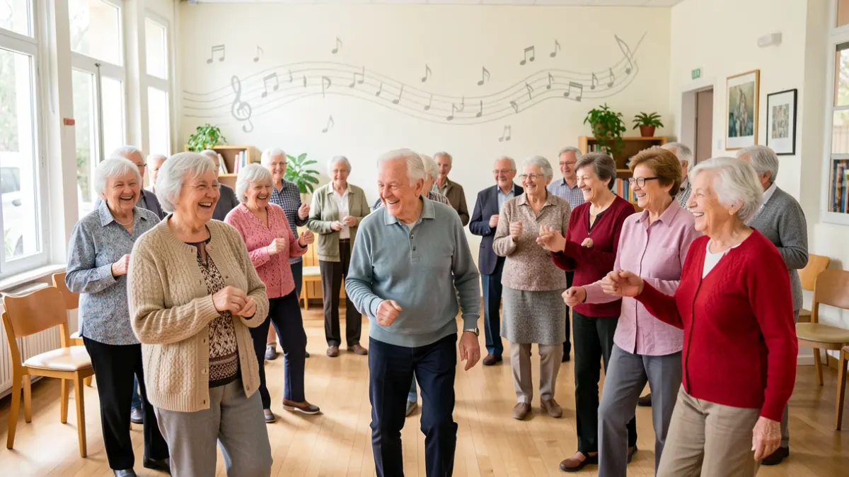 Imagen de personas mayores disfrutando de un taller de música y movimiento en un centro comunitario.