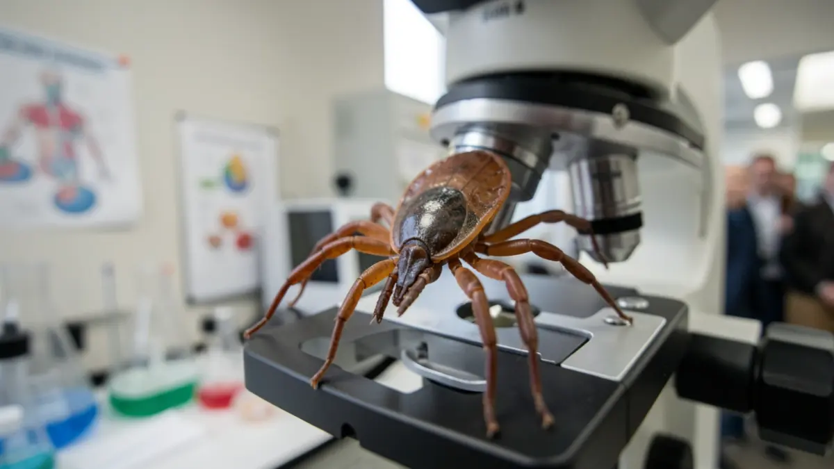 Close-up of a tick seen through a microscope in a laboratory setting.