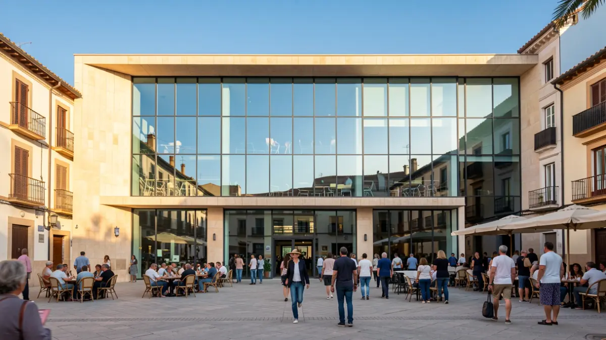Fachada del Teatro Bulevar de Torrelodones con gente en la plaza.