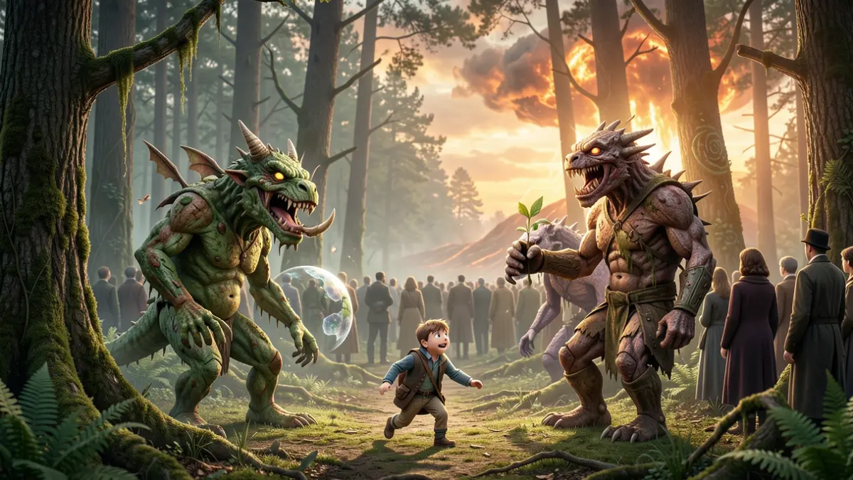 Image of puppets representing ecological monsters and a hero in an apocalyptic setting.