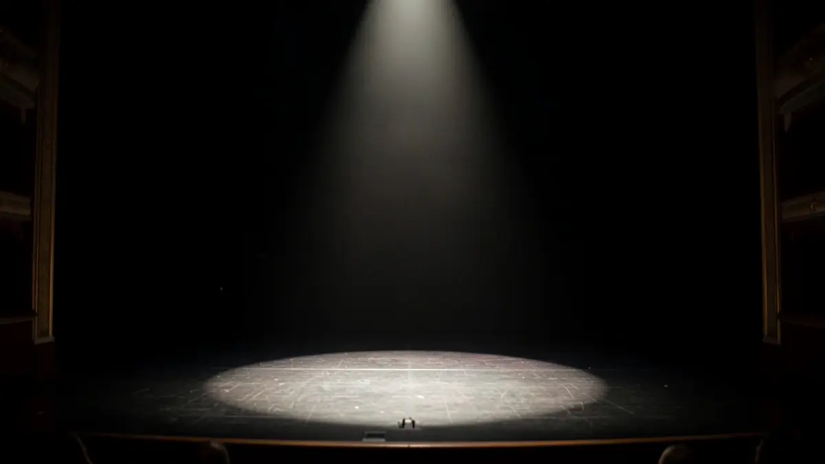 Scene of an empty theater stage with a spotlight.