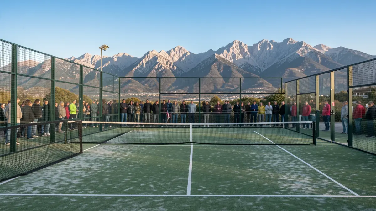 Padel court in Moralzarzal with mountains in the background.