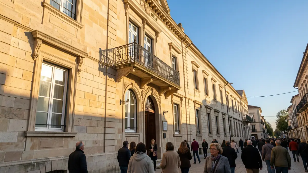 Fachada del Ayuntamiento de Torrejón de Ardoz con balcón y barandillas de hierro, bajo la luz del sol de la tarde.
