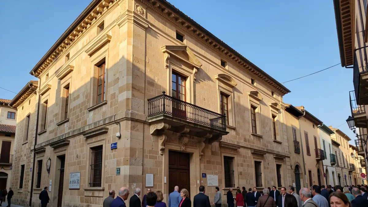 Stone town hall facade with balcony and iron railings, afternoon light.