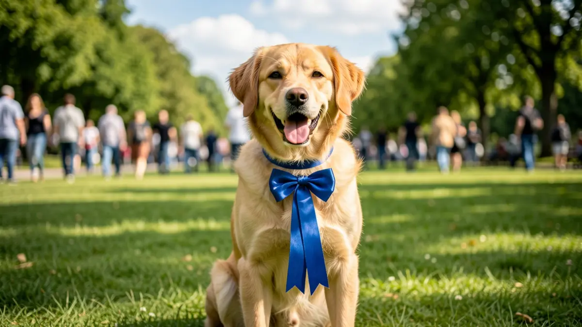 Generic image of a happy dog with a ribbon in a park.