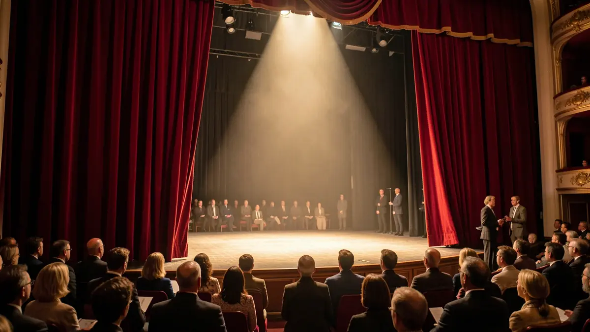 Generic image of a theater stage with curtains and spotlight.