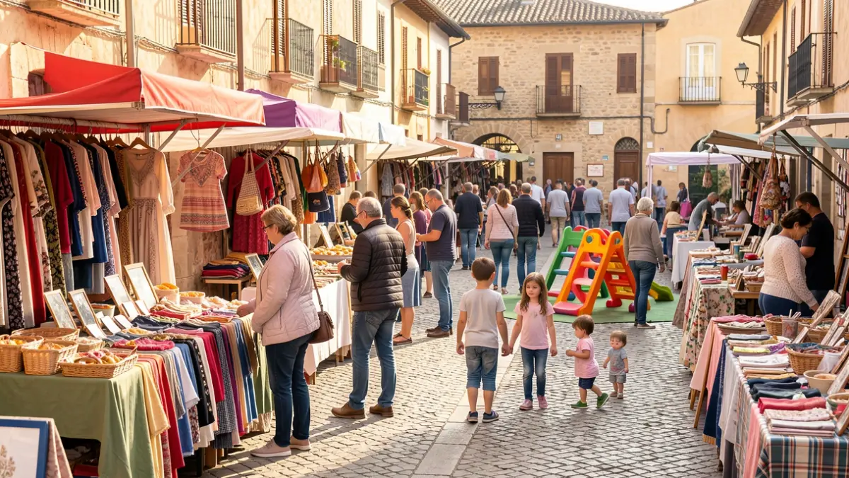 Generic image of an outdoor market in a Spanish square with stalls selling clothing, food, and crafts.